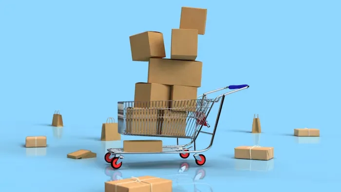 A stylised trolley stacked with parcels