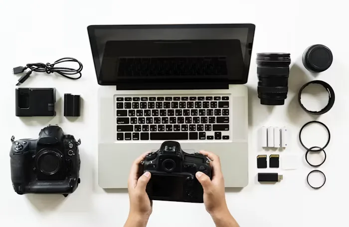 A camera, lenses and a laptop arranged on a desk