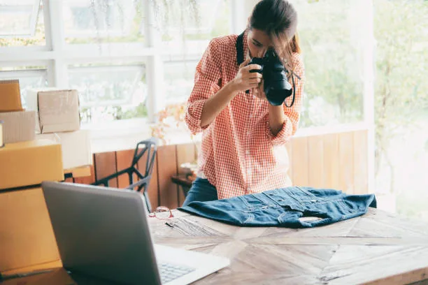 A seller photographing folded jeans by a window