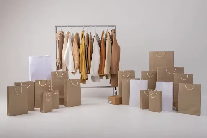 A clothing rail beside branded kraft carrier bags